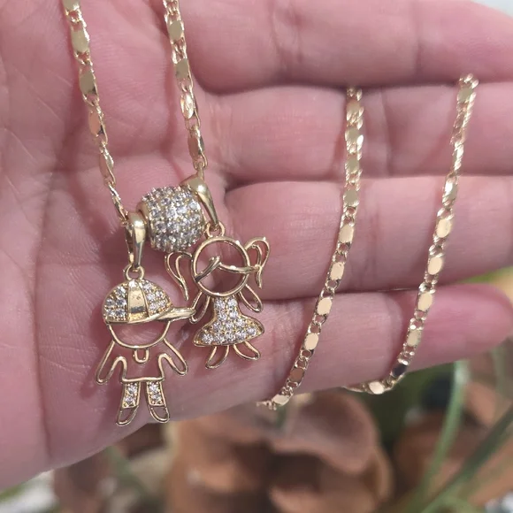 14k Gold Plated Boy and Girl Pendant Necklace - Picture 2 of 2